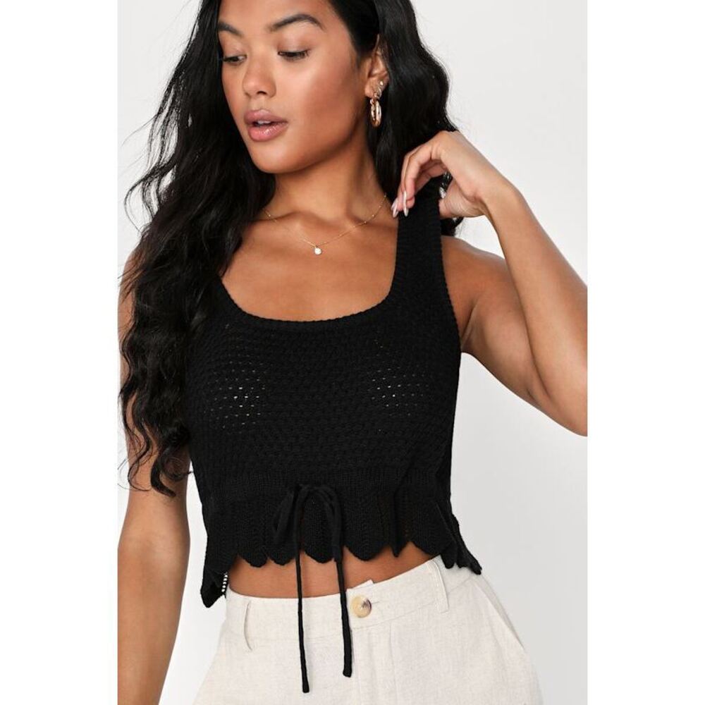 Lulus Total Frill Black Knit Drawstring Sweater Tank - Size XL